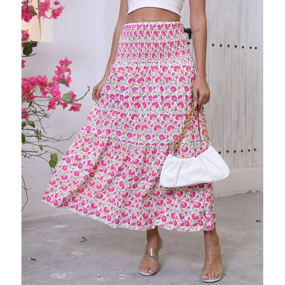 Womens Maxi Skirt 2025 Casual Flowy Elastic High Waist Long Skirts with Pockets Summer Beach Style Pink L