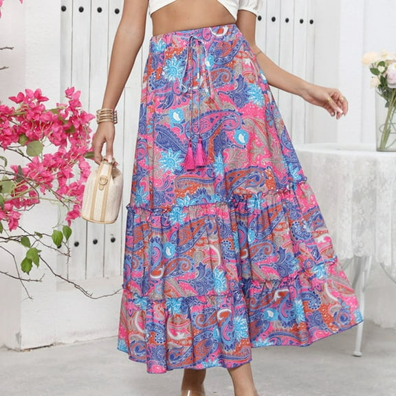 GXIPO Womens Maxi Skirt 2025 Casual Flowy Elastic High Waist Long Skirts with Pockets Summer Beach Style Purple XL