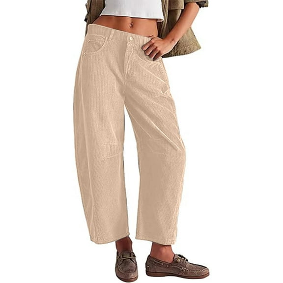 GXIPO Womens Mid Rise Cord Barrel Jeans Casual Baggy Wide Leg Corduroy Cropped Ankle Pants with Pockets Beige XL
