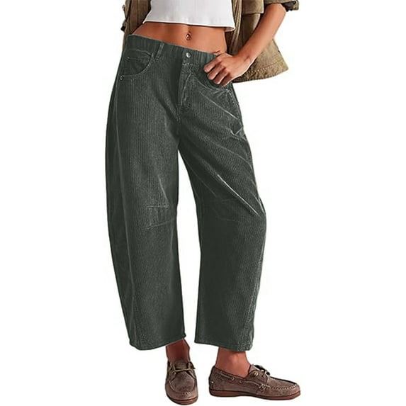 GXIPO Womens Mid Rise Cord Barrel Jeans Casual Baggy Wide Leg Corduroy Cropped Ankle Pants with Pockets Dark Green 2XL