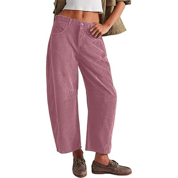 GXIPO Womens Mid Rise Cord Barrel Jeans Casual Baggy Wide Leg Corduroy Cropped Ankle Pants with Pockets Pink L