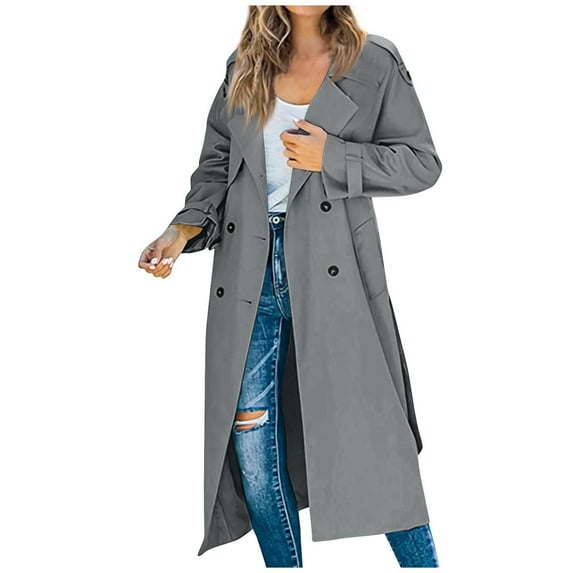 GXIPO Womens Oversized Long Trench Coat Double Breasted Lapel Windproof Overcoat with Belt Gray XL