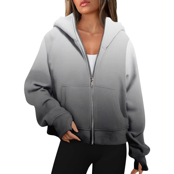 GXIPO Womens Plus Size Sweatshirt Full Zipper Long Sleeve Coats Thumb Hole Zip Up Hoodie Solid Color Pullover With Pockets Gray 3XL