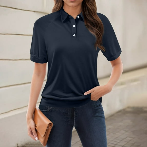 GXIPO Womens Polo Shirts Cotton 3-Button Collared Tops Summer Cool Uniform Casual Shirts Navy XL