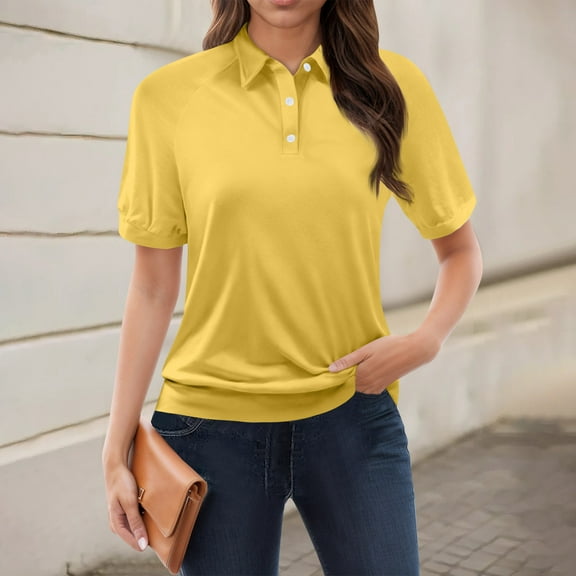 GXIPO Women's Short Sleeve V-Neck Polo Shirts Business Casual Work Collared Tops Dressy Casual Cute Blouses Yellow XL