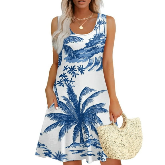 GXIPO Womens Summer Dresses Beach Vacation Dresses U Neck Sleeveless Casual A Line Hawaiian Tank Dress Sundress with Pockets Blue M