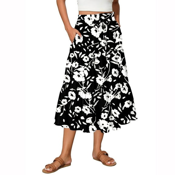 GXIPO Womens Summer Skirts Casual Front Button A-Line High Waisted Midi Skirt with Pockets Boho Flowy Design Gray S