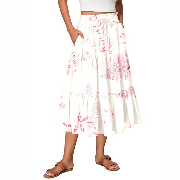 GXIPO Womens Summer Skirts Casual Front Button A-Line High Waisted Midi Skirt with Pockets Boho Flowy Design Pink XL
