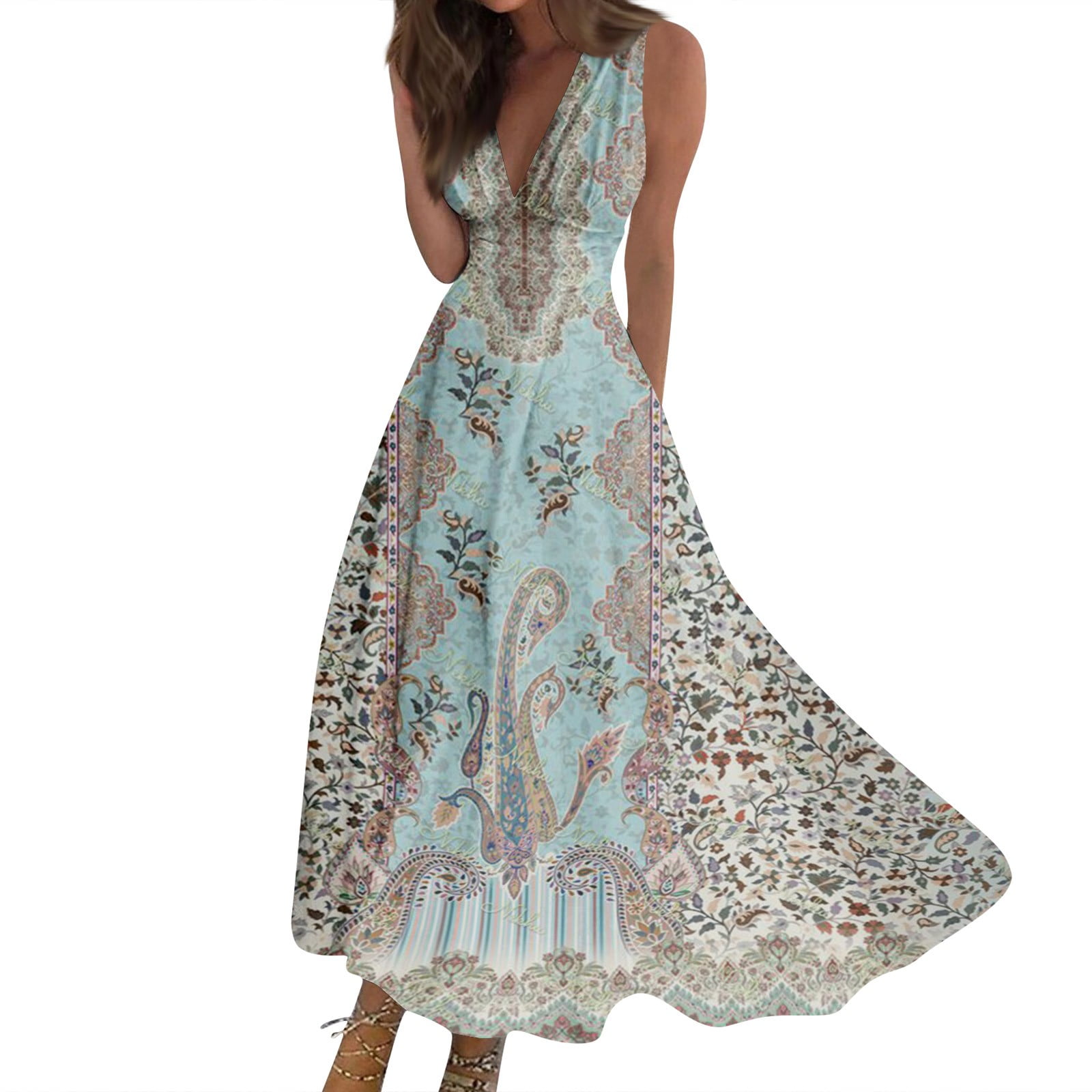 GXIPO Wrap Dress for Women Pleated High Waist Casual Beach Sleeveless Sundresses Party Dresses Elegant Classy Deep V Neck Flowy Womens Maxi Dress Light Blue 3XL Walmart