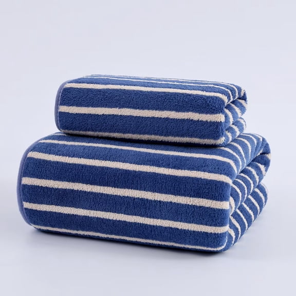 GXJZY2676 2 Pack Striped Microfiber Bathroom Towel Set, Blue Fast Dry Highly Absorbent Bath & Hand Towel with Hanging Loops for Master Bath Guest Room Dorm Spa Travel