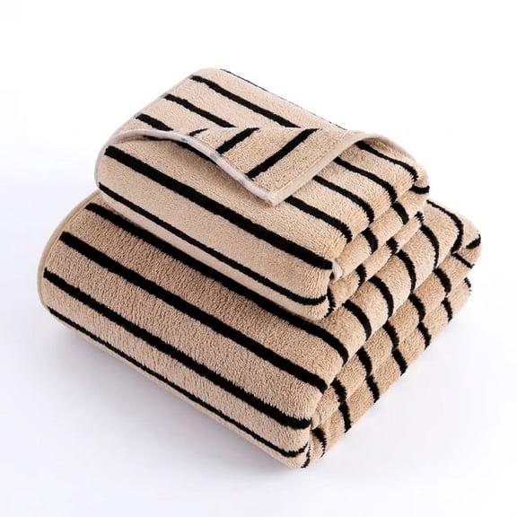 GXJZY2676 2 Pack Striped Microfiber Bathroom Towel Set, Brown Fast Dry Highly Absorbent Bath & Hand Towel with Hanging Loops for Master Bath Guest Room Dorm Spa Travel