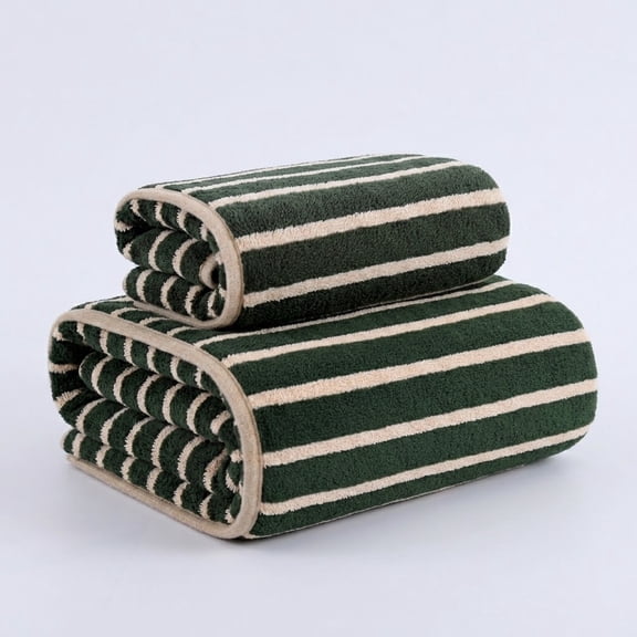 GXJZY2676 2 Pack Striped Microfiber Bathroom Towel Set, Green Fast Dry Highly Absorbent Bath & Hand Towel with Hanging Loops for Master Bath Guest Room Dorm Spa Travel