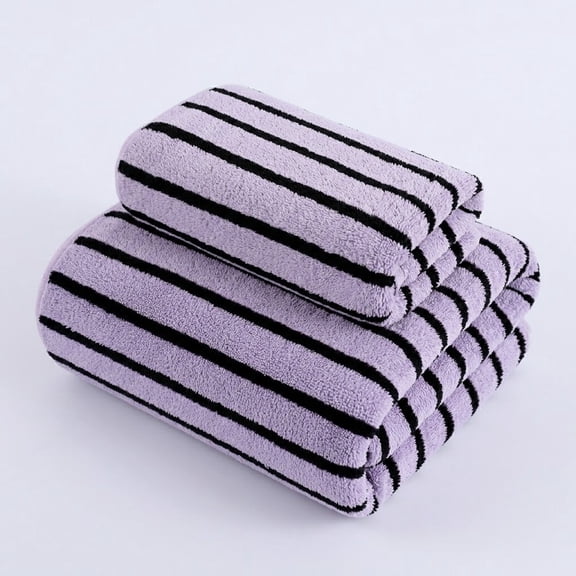 GXJZY2676 2 Pack Striped Microfiber Towel Set, Light Purple Fast Dry Highly Absorbent Bath & Hand Towel with Hanging Loops for Master Bath Guest Room Dorm Spa Travel