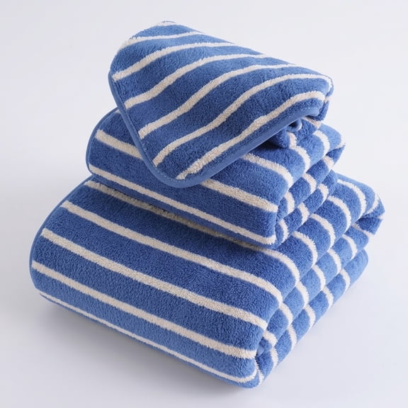 GXJZY2676 3 Pack Striped Microfiber Bathroom Towel Set, Blue Fast Dry Highly Absorbent Bath Hand Washcloth with Hanging Loops for Master Bath Guest Room Dorm Spa Travel