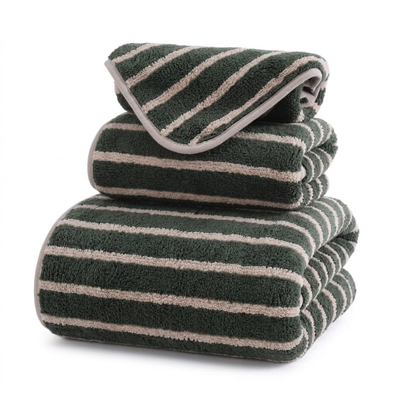 GXJZY2676 3 Pack Striped Microfiber Bathroom Towel Set, Highly Absorbent Fast Dry Bath Hand Washcloth with Hanging Loops for Master Bath Guest Suite Dorm Spa (Green)