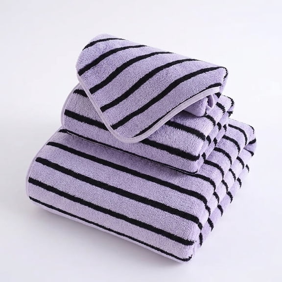 GXJZY2676 3 Pack Striped Microfiber Towel Set, Light Purple Fast Dry Highly Absorbent Bath Hand Washcloth with Hanging Loops for Master Bath Guest Room Dorm Spa Travel