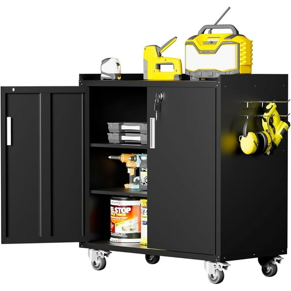 GXK-Home  Metal Garage Storage Cabinet With Lock and Hook Hole,Tool Chest with Wheels for Workshop,Black