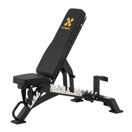 GXMMAT Adjustable Weight Bench, Heavy Duty Workout Bench for Body Strength Training and Garage Gym, Home Gym Exercise Equipment with Wheels, Quick Installation, Can Be Stored Upright
