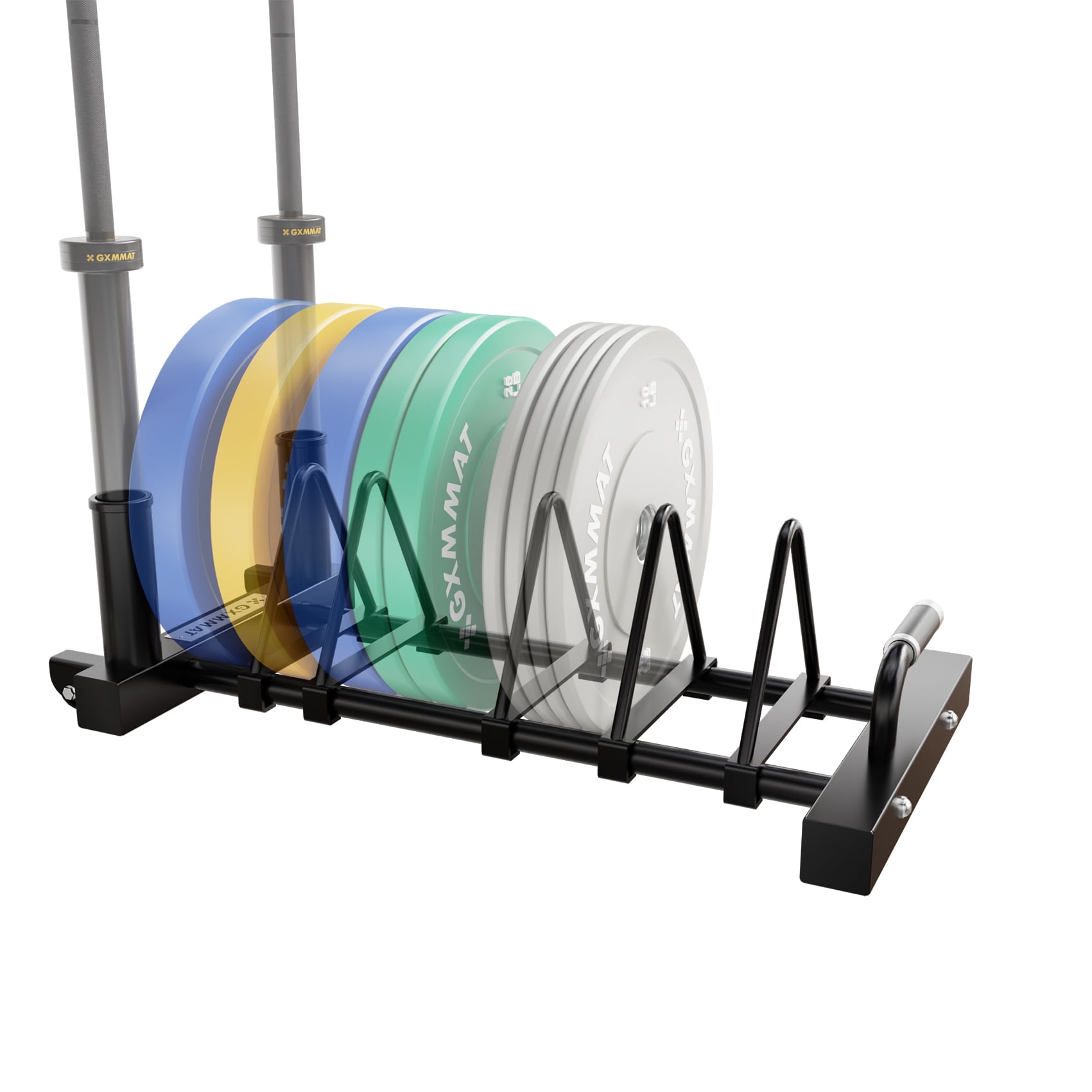 GXMMAT Horizontal Olympic Weight Plate Rack | 330lbs Capacity Powder-Coated Steel Frame | 4 Plate Storage Slots + 2 Barbell Holders | Adjustable Slot Spacing | Includes Wheels & Non-Slip Handles