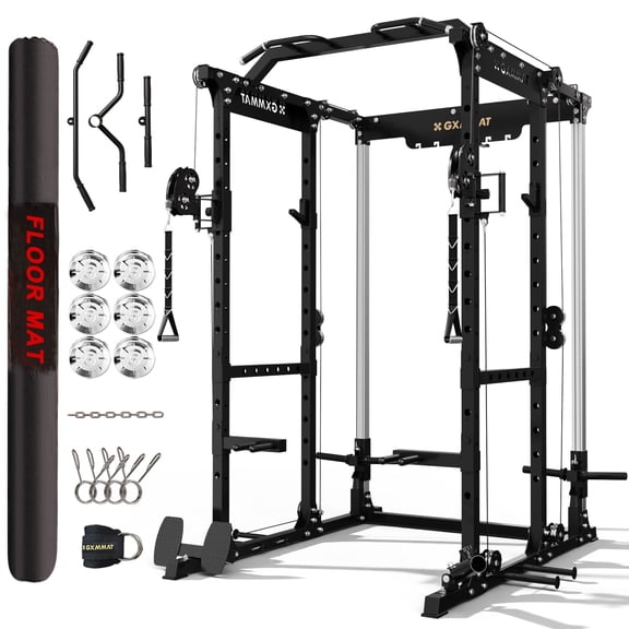 GXMMAT X6 Power Cage, 2200LB Multi-Function Power Rack with Independent Dual Aluminum Pulley System, Squat Rack for Home Gym Strength Training Equipment, Heavy-Duty Steel Construction
