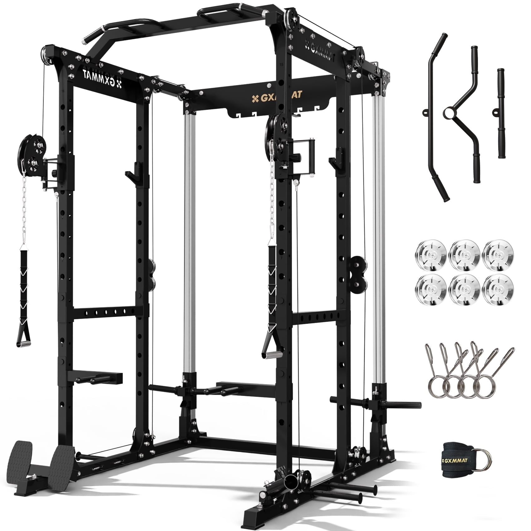 GXMMAT X6 Power Cage, 2200LB Multi-Function Power Rack with Independent Dual Aluminum Pulley System, Squat Rack for Home Gym Strength Training Equipment, Heavy-Duty Steel Construction