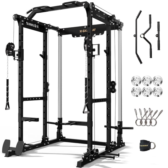 GXMMAT X6 Power Cage, 2200LB Multi-Function Power Rack with Independent Dual Aluminum Pulley System, Squat Rack for Home Gym Strength Training Equipment, Heavy-Duty Steel Construction