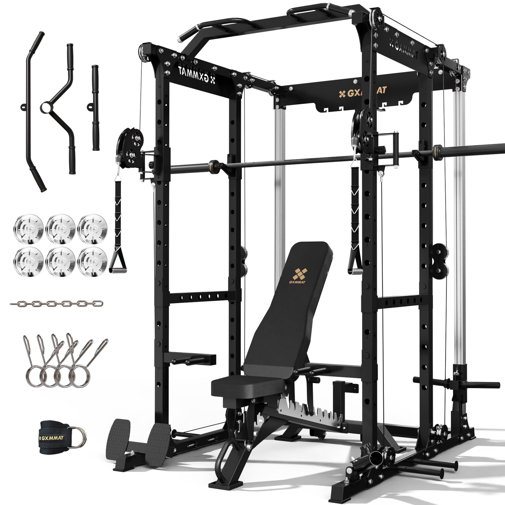 GXMMAT X6 Power Cage, 2200LB Multi-Function Power Rack with Independent Dual Aluminum Pulley System, Squat Rack for Home Gym Strength Training Equipment, Heavy-Duty Steel Construction
