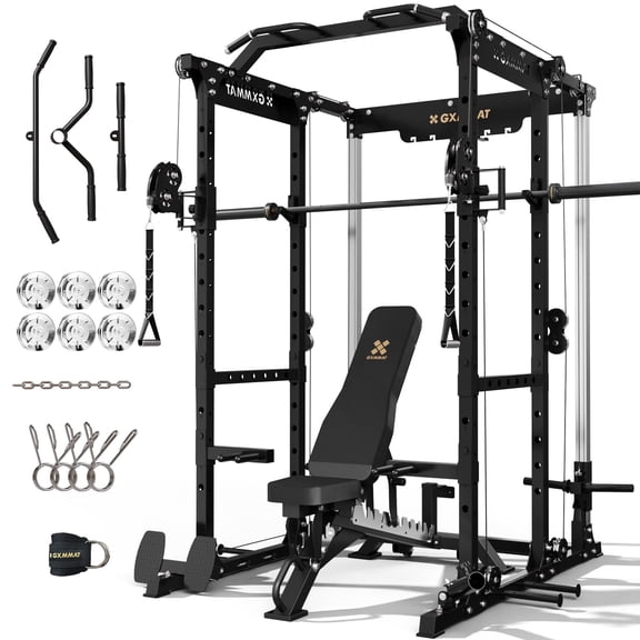 GXMMAT X6 Power Cage, 2200LB Multi-Function Power Rack with Independent Dual Aluminum Pulley System, Squat Rack for Home Gym Strength Training Equipment, Heavy-Duty Steel Construction
