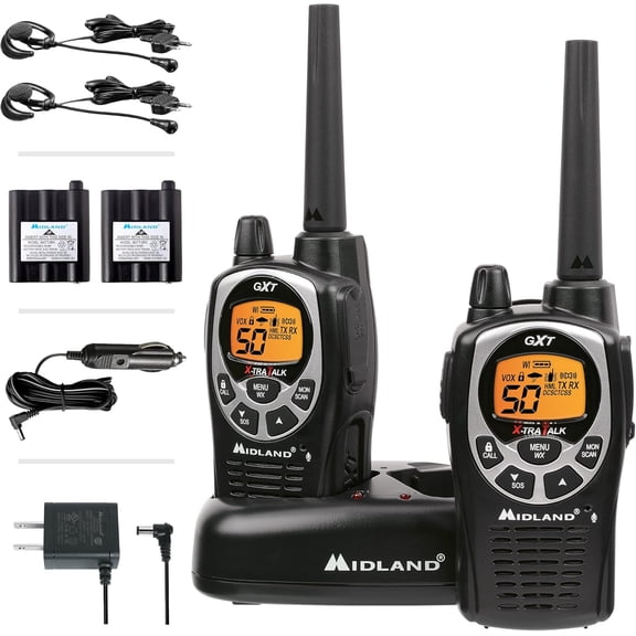 GXT1000VP4 GMRS Two-Way Radio (50 Channel, Long Range, 142 Privacy Codes, SOS, NOAA, Rechargeable Nickel Battery, Black/Silver 2-Pack)
