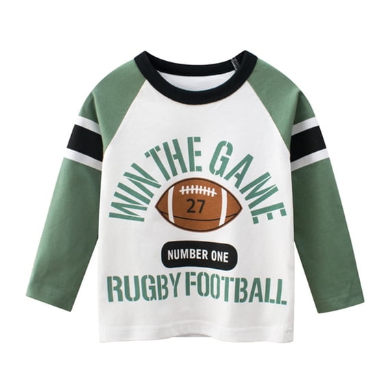 GXWEA 3T Boys Shirts Kids Rugby Letter Graphic 3/4 Sleeve Raglan T-Shirt Striped Crew Neck Tops Casual Pullover for Spring Autumn(Green,9-10 Years)