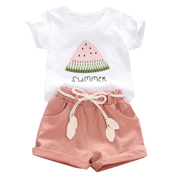 GXWEA 3T Summer Clothes Girl Toddler Outfits Toddler Baby Girls Clothes T-Shirt + Linen Shorts With Belt Cute Summer Short Set Pink 12-18 Months