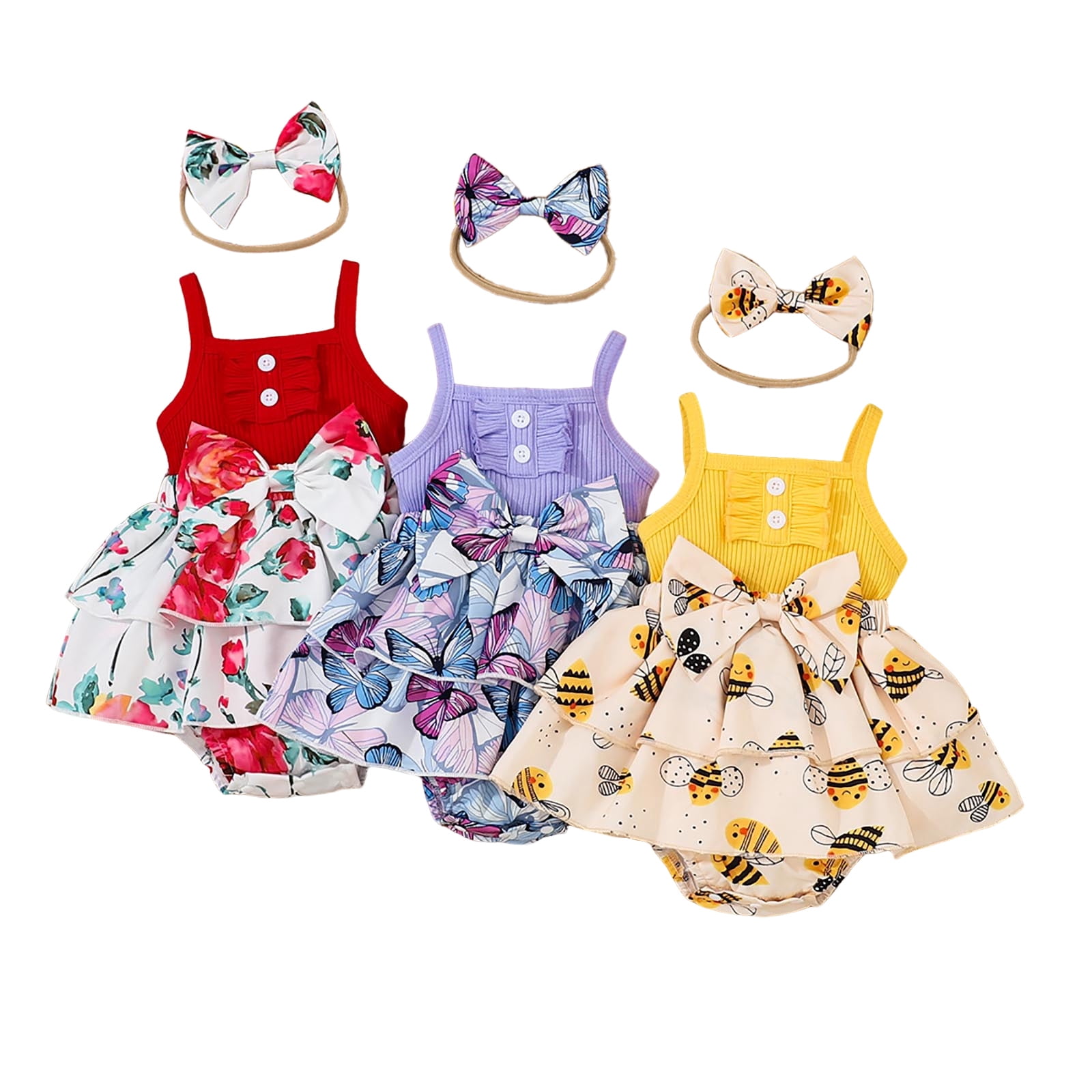 GXWEA 9 Month Baby Girl Clothes Baby Girl Outfits Toddler Girls Floral Romper Bow Hairband Soft 6-Piece Summer Set(Red,3-6 Months)