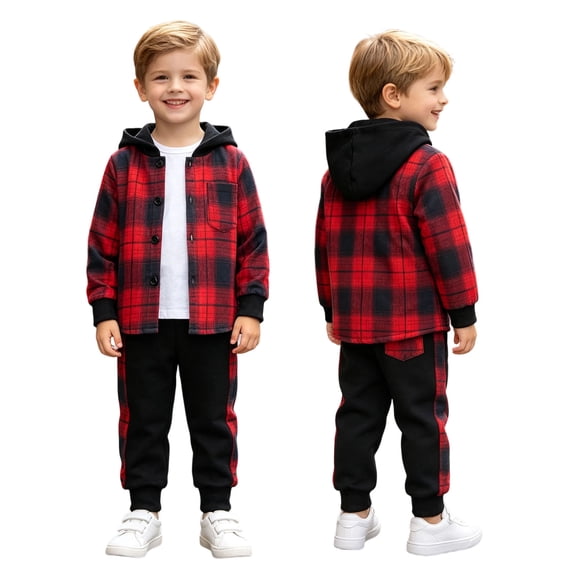 GXWEA Boys 2 Piece Sweatsuit Plaid Shirt Hoodies Pants