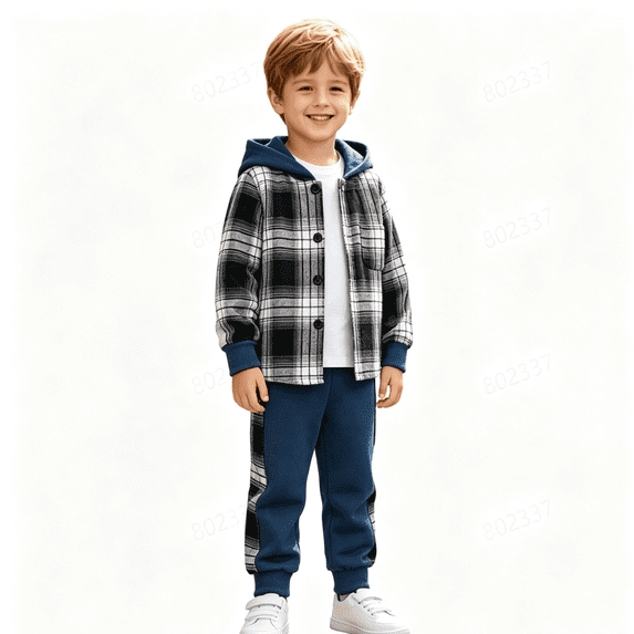 GXWEA Boys 2 Piece Sweatsuit Plaid Shirt Hoodies Pants