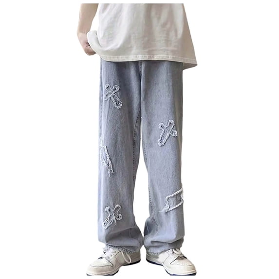 GXWEA Boys' Jeans Boys Cross Patch Frayed Wide Leg Denim Pants Kids Light Wash Loose Jeans Spring Streetwear(Blue,4-5 Years)