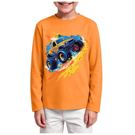 GXWEA Boys Long Sleeve Shirts Boys Monster Truck Long Sleeve T-Shirt Crew Neck Tops Off-Road Vehicle Graphic Shirts for Spring Fall(Orange,13-15 Years)