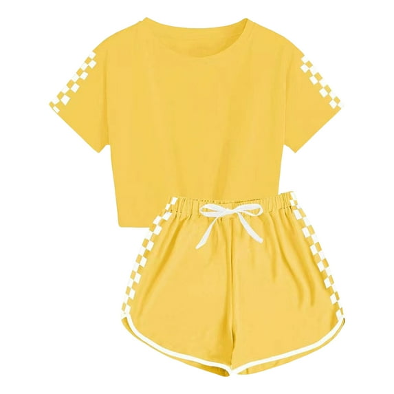 GXWEA Kids Summer Clothes Girls Outfits Size 6 Kids Summer Sport T-Shirt And Shorts Set Plaid Print Clothing Sets Tracksuit 11-12 Years Yellow