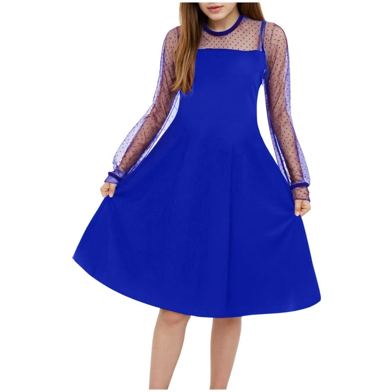 GXWEA Semi Formal Dresses For Teens Dress For Girls 10-12 Girls Long Sleeve T-Shirt Dresses Kids Fall A-Line Twirly Dresses Blue 15-16 Years