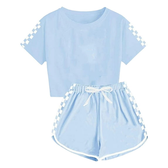 GXWEA Girl Outfits Girl Clothes Size 10-12 Kids Summer Sport T-Shirt And Shorts Set Plaid Print Clothing Sets Tracksuit 13-14 Years Sky Blue