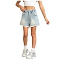 thumbnail image 1 of GXWEA Girl Shorts Denim Shorts for Girls High Waisted Elastic Waist Light Wash Loose Fit Summer Everyday Bottoms（Light Blue，13-14 Years）, 1 of 5