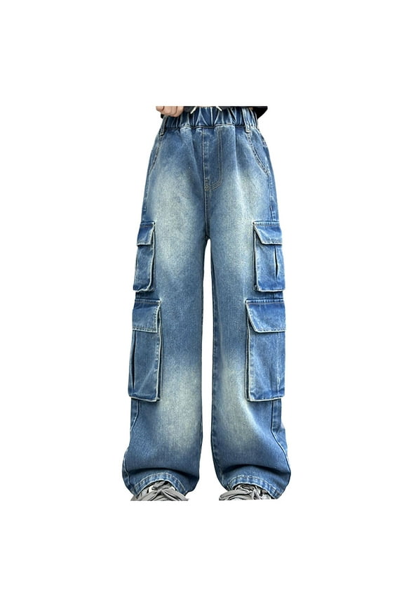 Girls Baggy Jeans Girls Jeans Size 14 Girls Jeans Pants Wide Leg/Skinny Denim Pant High Waist Elastic Band Casual With Pockets Kids