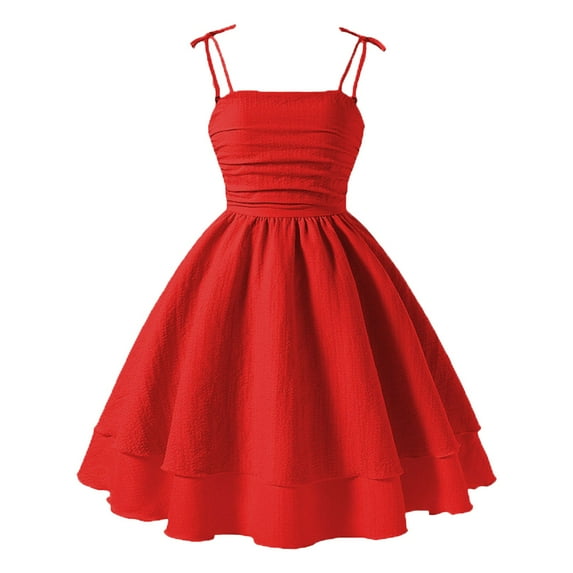 GXWEA Girls Dress Girls Spring Dress Girl'S Smocked Ruched A Line Swing Dress Layered Tie Shoulder Flowy Cami Dress 11-12 Years Red