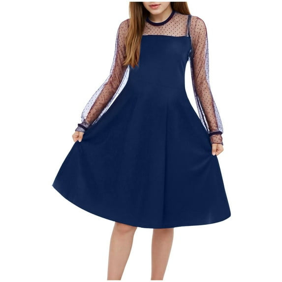 GXWEA Girls Fancy Dress Toddler Long Sleeve Dress Girl's Contrast Mesh Puff Long Sleeve High Waist A Line Short Dress Navy 7-9 Years