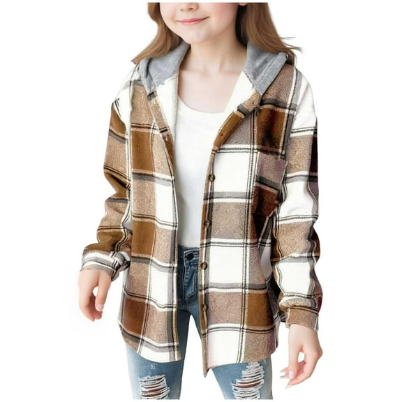 GXWEA Girls Flannel Shirt Girls Fall Outfits Girls Cute Flannel Plaid Button Down Top With Pockets Long Sleeve Hooded Jacket 14-15 Years