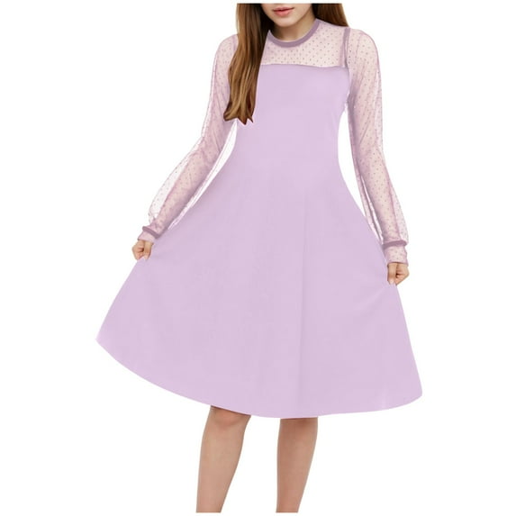 GXWEA Girls Formal Dresses Tween Girls Dresses Girls Long Sleeve T-Shirt Dresses Kids Fall A-Line Twirly Dresses Light Purple 10-12 Years
