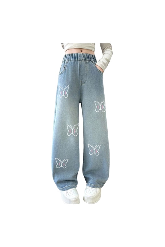 Girls' Jeans Girls Jeans Size 14-16 Jeans For Girls Baggy Wide Leg Cute High Elastic Waisted Denim Pants Y2K Boyfriend Skater Streetwear