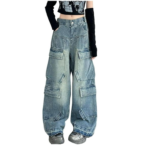 GXWEA Girls Jeans Jeans Y2K Kids Girls Jeans Distressed Elastic Waist Baggy Denim Wide Leg Pants Trousers 6-7 Years