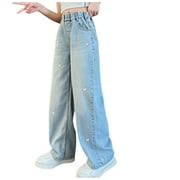GXWEA Girls Jeans Size 14-16 Girls Clothes Size 7 Girls Jeans Pants Wide Leg/Flare/Skinny Denim Pant High Waist Elastic Band Casual With Pockets Kids Blue 5-6 Years