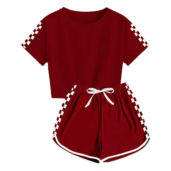 GXWEA Girls Summer Clothes Boys Summer Clothes Kids Summer Sport T-Shirt And Shorts Set Plaid Print Clothing Sets Tracksuit 7-8 Years