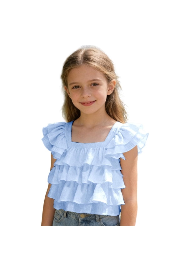 Girls' Tops, Tees & Blouses Young Girl's Layered Ruffle Top Square Neck Sleeveless Chiffon Blouse Stylish Casual Outfit(2-3 Years,Blue)